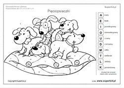 kolorowanka literowa - ilustracja do lektury dla dzieci: Pięciopsiaczki - rozpoznawanie liter - percepcja wzrokowa i mała motoryka