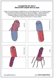 łamigłówki dla przedszkolaka -  nietypowe święta - Dzień Mycia Rąk - wycinanie - bakterie