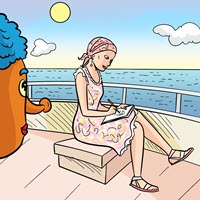 Kofenek poznaje planetę Ziemię - Ilustracja do odcinka 191: Kolumb – Dziewczyna w chustce na głowie siedzi na katamaranie