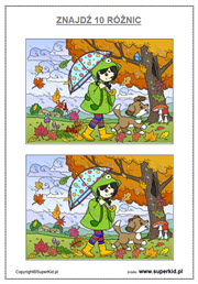 znajdź 10 różnic - jesień - jesienny deszcz - ćwiczenie na percepcję wzrokową