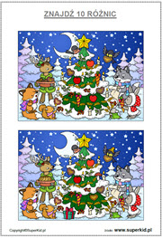 znajdź 10 różnic - zima i Boże Narodzenie - leśna choinka - ćwiczenie na percepcję wzrokową
