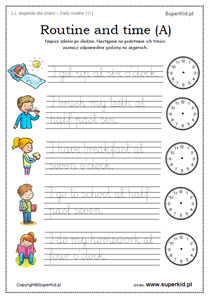 angielski dla klas 1-3 - daily routine klasa 3 - codzienne czynności po angielsku – napisz zdania po śladzie i zaznacz godziny na zegarach