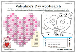 angielski dla klas 1-3 - Valentine's Day - walentynki po angielsku - odszukaj wyrazy w wykreślance i pokoloruj obrazek według klucza