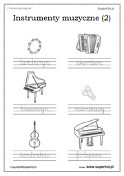 Pisanie wyrazów po śladzie - Arkusze tematyczne - Instrumenty muzyczne