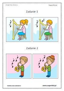 Ćwiczenie dla przedszkolaka - Znajdź 3 różnice między obrazkami - Muzyka (harfista, trębacz)